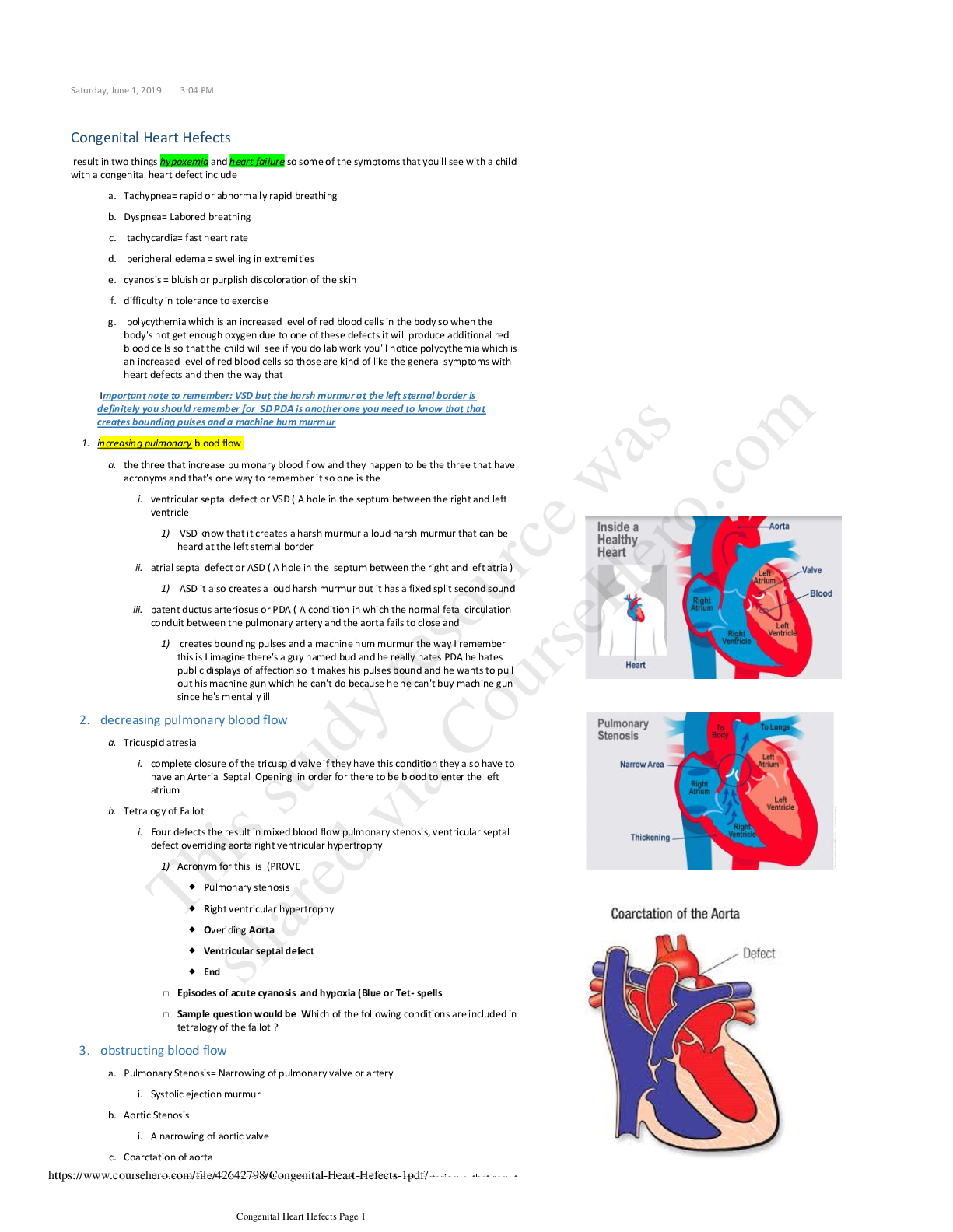 Preview of Chamberlain School - NURSING NUR 202Congenital Heart Hefects (Latest 2021) 100% Correct St
